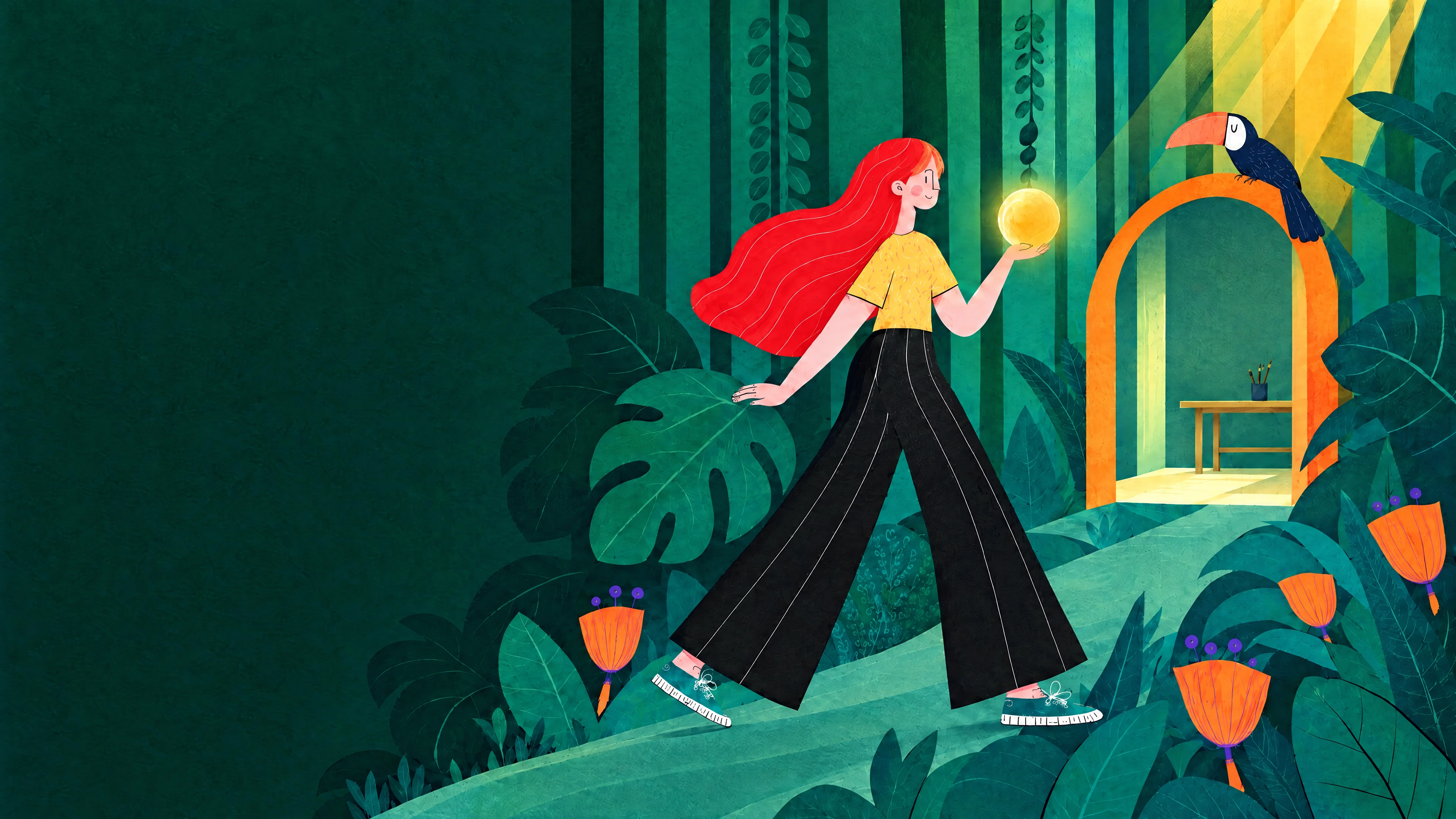 An idea owner carries a glowing spark toward Toucan's botanical studio.