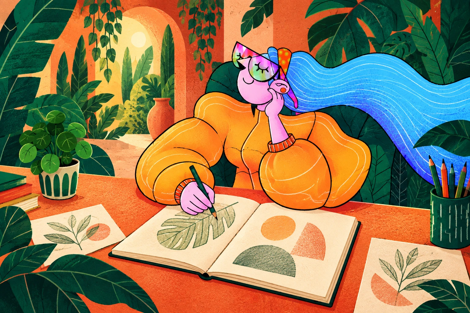 A blue-haired character in orange sleeves explores leaves and shapes in a sketchbook.