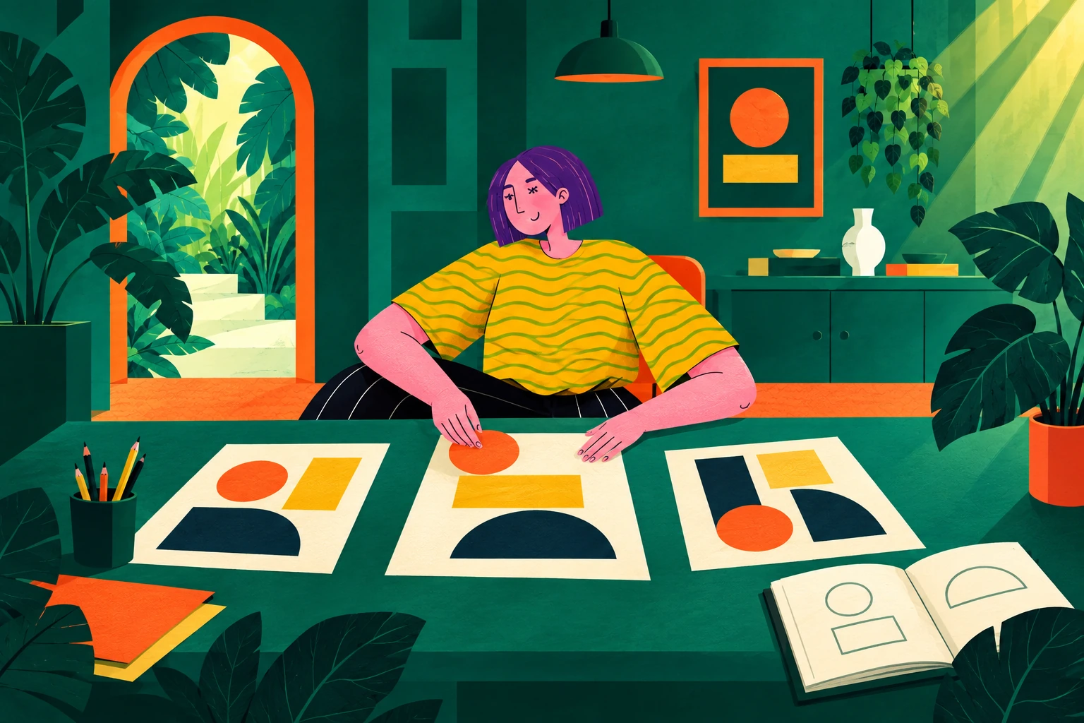 A purple-haired artist brings a family of colourful layouts together at a studio worktable.